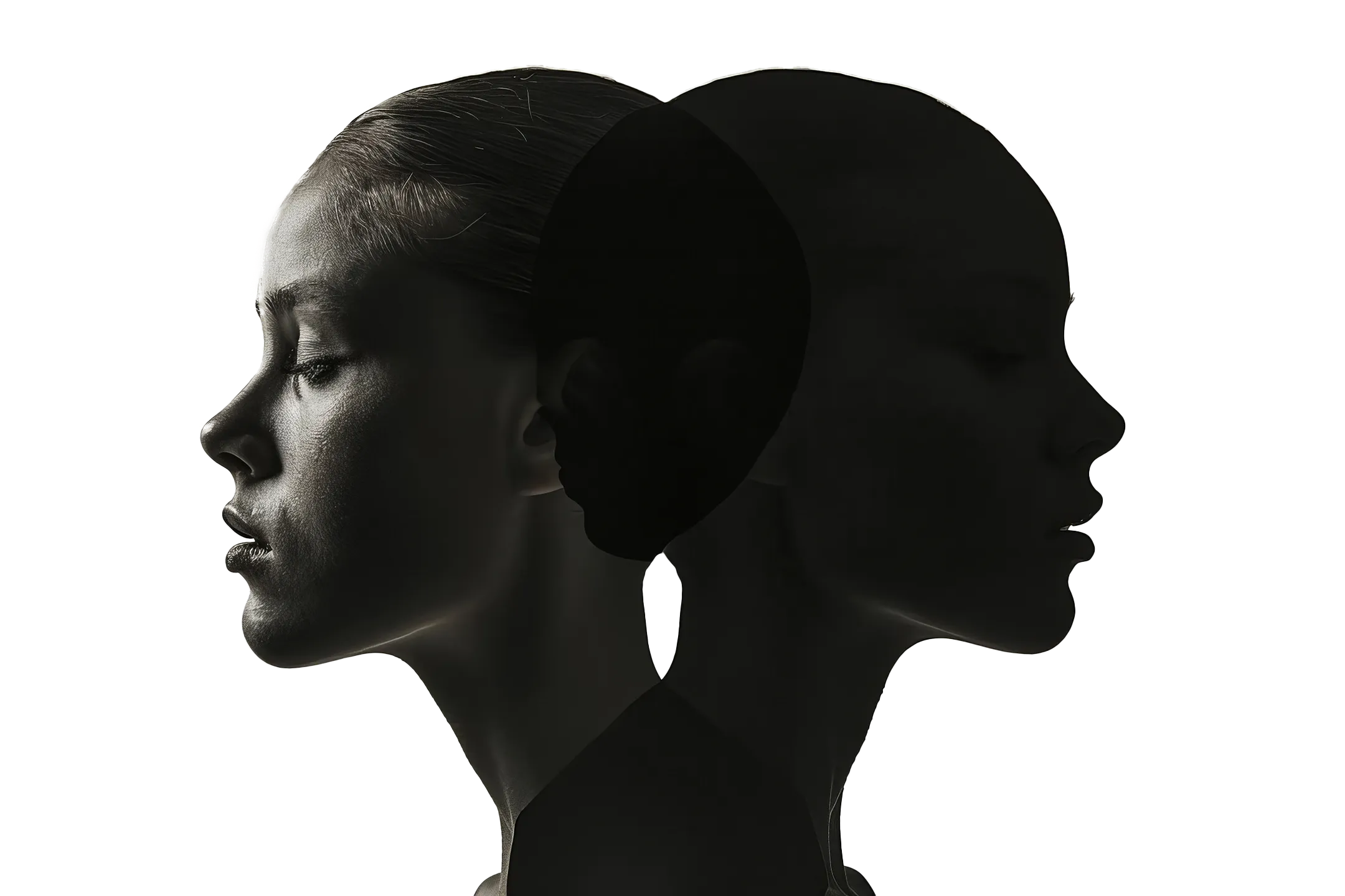 Volto femminile in ombra a doppia esposizione per simboleggiare il lavoro psicologico